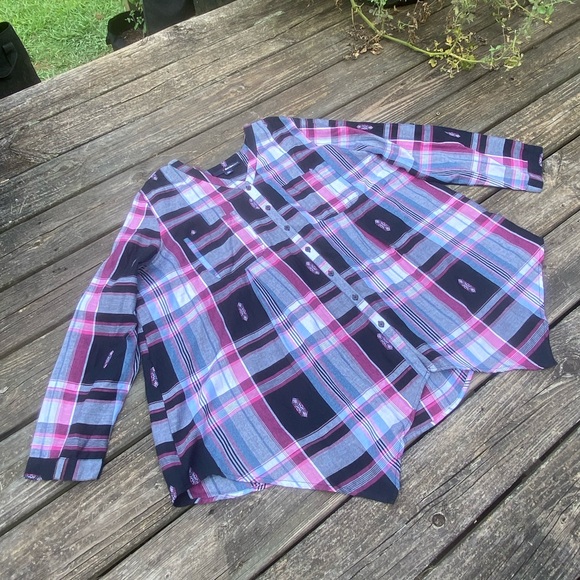 Denim 24/7 soft Cotton plaid blouse feminine style button tab sleeves 20W NEW - Picture 5 of 13